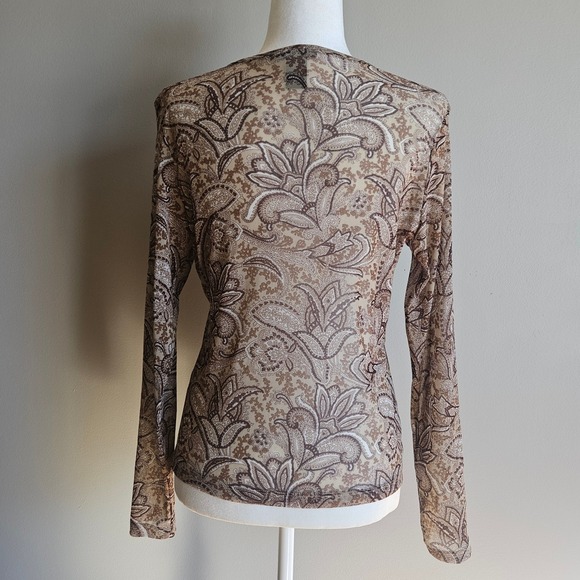 Vtg Limited Top Size Large Brown Paisley Print Sheer Mesh Y2K Boho Stretch Fall - Picture 4 of 11